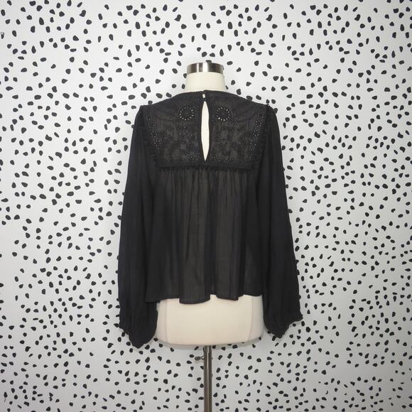 Free People Black Valencia Embroidered Boho Long Sleeve Peasant Top - Picture 8 of 10